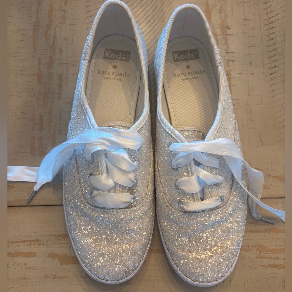 Kate Spade white glitter bridal Keds with bow laces